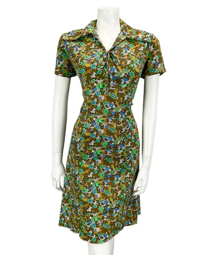 VINTAGE 60S 70S GREEN KHAKI BLUE FLORAL PSYCHEDELIC PRINT MINI DRESS 14