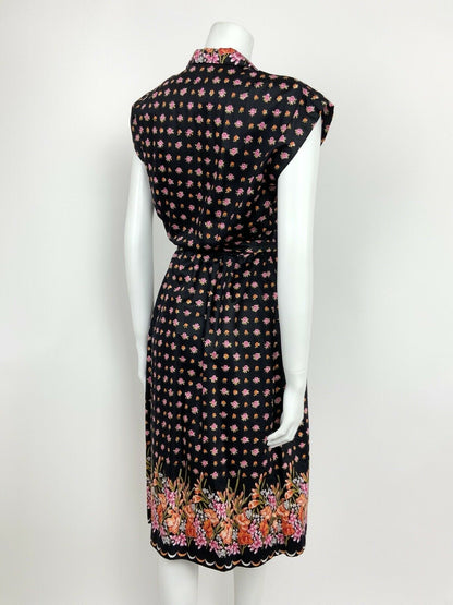 VTG 60s 70s BLACK ORANGE PINK OLIVE FLORAL SCALLOPED SHIRT WAIST DRESS 12 14