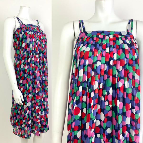 VTG 70s 80s BLUE GREEN PINK DOTTY STRAPPY FLOATY SUMMER TENT DRESS 6 8