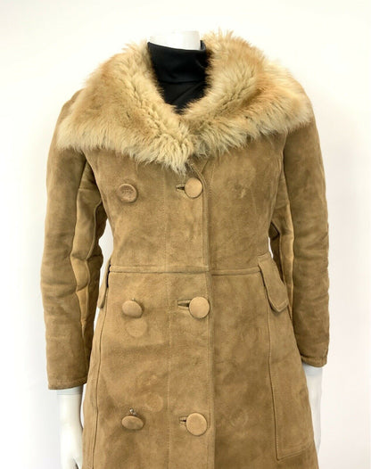 VTG 60s 70s CAMEL BROWN SUEDE SHEARLING DOUBLE-BREASTED BOHO PRINCESS COAT 12