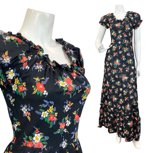 VINTAGE 60s 70s BLACK RED GREEN FLORAL BOUQUET BOHO PRAIRIE SUMMER MAXI DRESS 6