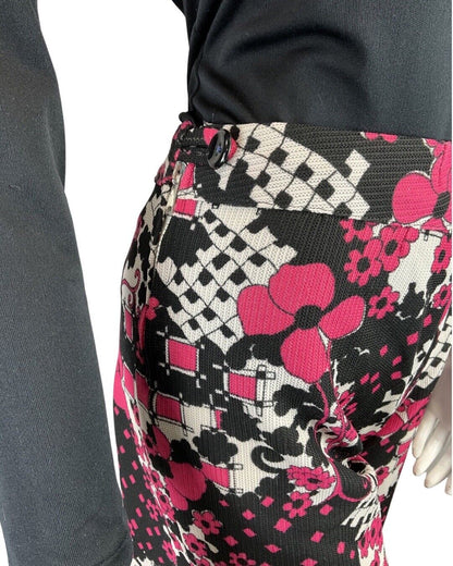 VINTAGE 60s 70s BLACK PINK PSYCHEDELIC FLORAL MOD CULOTTE FLARES 10 12