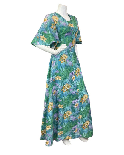 VTG 60s 70s GREEN BLUE YELLOW HAWAIIAN FLORAL PALM LEAVES TROPICAL MAXI DRESS 10