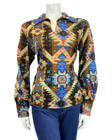 VINTAGE 60s 70s BEIGE BLACK BLUE RED AZTEC GEOMETRIC MOD BLOUSE 14 16