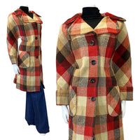 VINTAGE 60s 70s RED CREAM BUFFALO CHECK MOD MID-LENGTH WOOL COAT 16 18