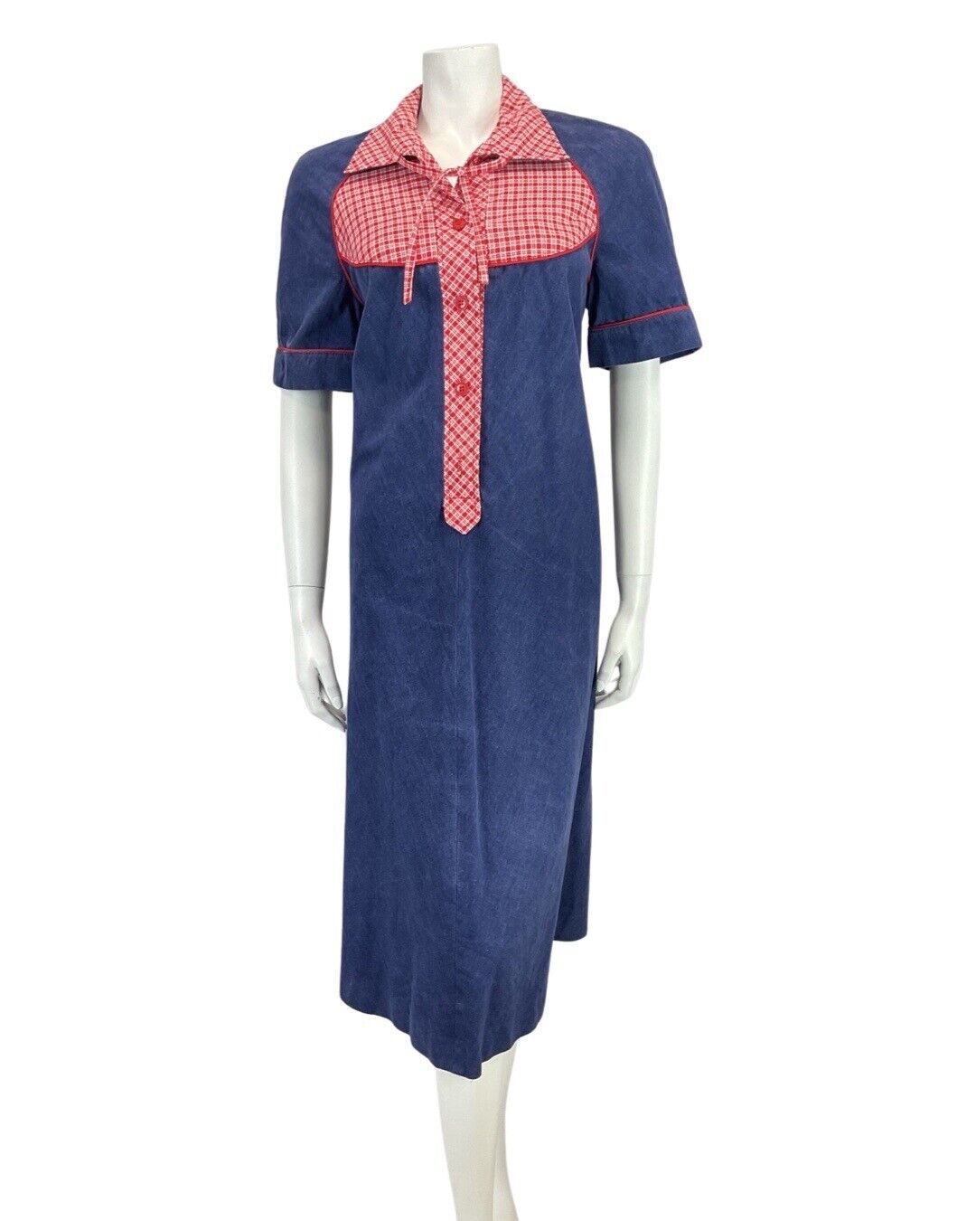 VINTAGE 60s 70s DENIM BLUE RED GINGHAM CHECKED BOHO MOD SHIFT MIDI DRESS 14