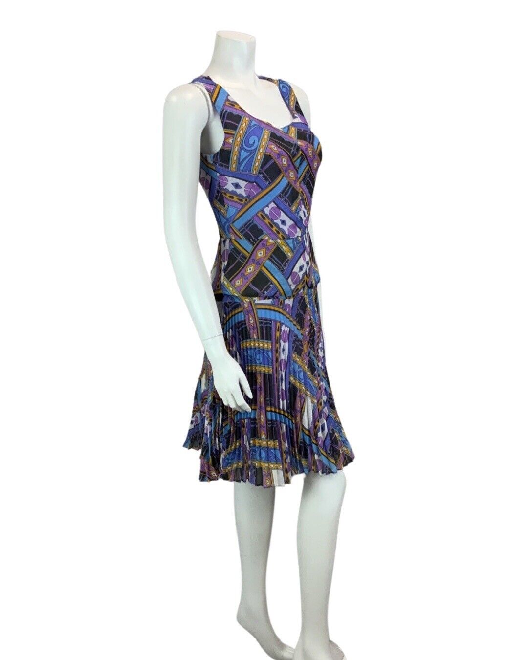 VINTAGE 60s 70s PURPLE BLUE ORANGE FUNKY PRINT PLEATED MIDI DRESS 8 10