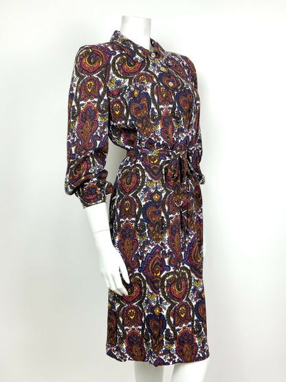 VTG 60s 70s WHITE BROWN BLUE RED PSYCHEDELIC PAISLEY FLORAL SHIRT DRESS 12 14