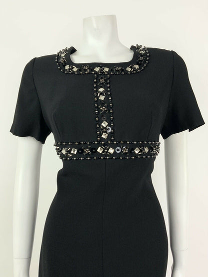 VINTAGE 60s BLACK SILVER BEADED DIAMANTE PARTY GLAM SHIFT DRESS 10 12