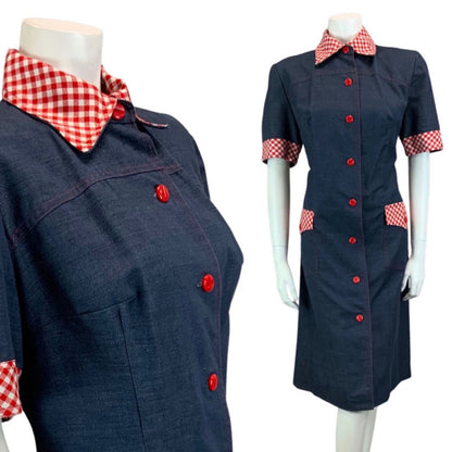 VINTAGE 60s 70s BLUE DENIM RED GINGHAM BUTTON DOWN MIDI SHIRT DRESS 14