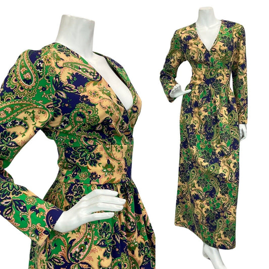 VINTAGE 60s 70s TAN GREEN BLUE FLORAL PAISLEY PRINT FOLK MAXI DRESS 14