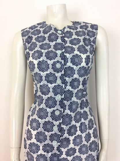 VTG 60S 70S BLUE WHITE FLOWER GEOMETRIC PRINT BUTTON UP DRESS 12