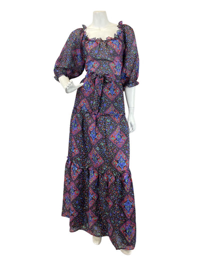 VINTAGE 60s 70s BLACK PURPLE BLUE GEOMETRIC FLORAL SHEER TIERED MAXI DRESS 10 12