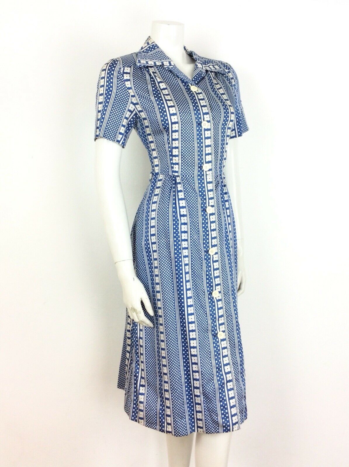 VTG 60S 70S BLUE WHITE DAISY FLOWER GEOMETRIC SHIRT DRESS 10