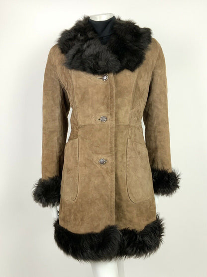 VINTAGE 60s 70s BROWN CAMEL SUEDE LEATHER FUR TRIM PENNY LANE COAT 10 12 14