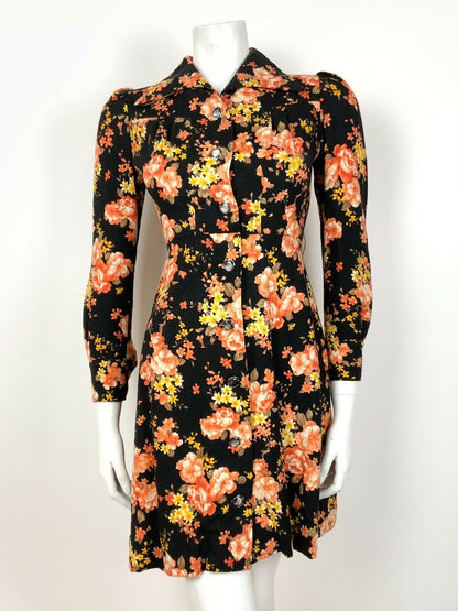 VINTAGE 60s 70s BLACK ORANGE YELLOW BROWN FLORAL WING COLLAR SHIRT DRESS 8