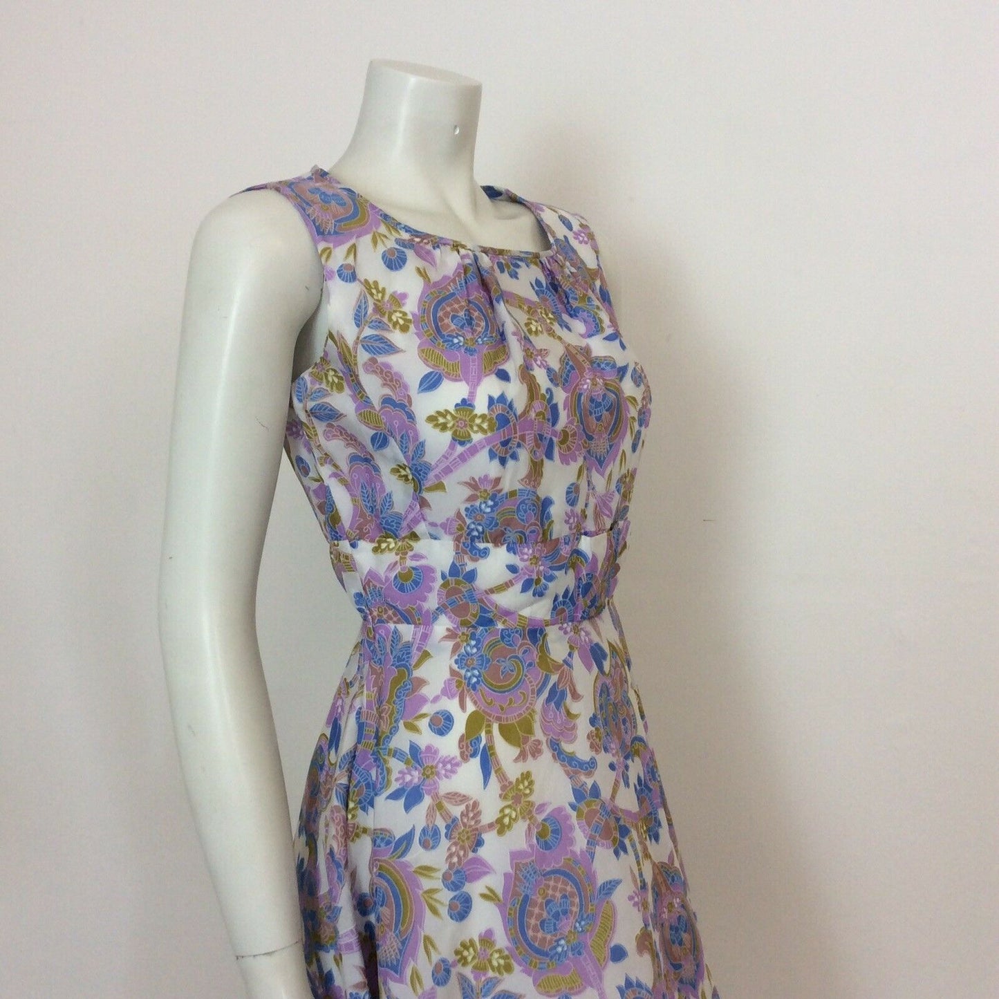 VINTAGE 60S 70s WHITE MUSTARD BLUE PURPLE PAISLEY DRESS 8 10