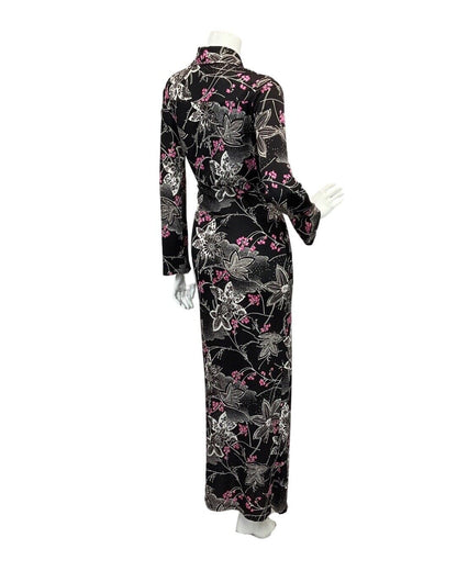 VINTAGE 60s 70s BLACK PINK WHITE FLORAL PATTERNED BUTTON DOWN MAXI DRESS 12 14