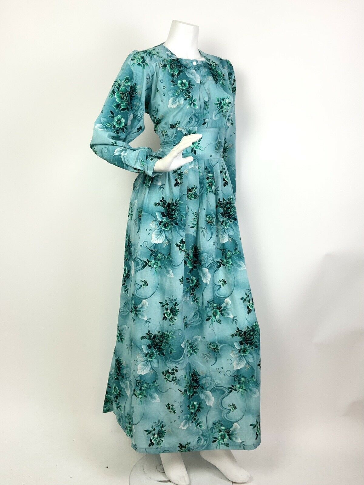 VINTAGE 60s 70s SEA BLUE GREEN GOLD FLORAL LEAFY SWIRL MAXI DRESS 14 16