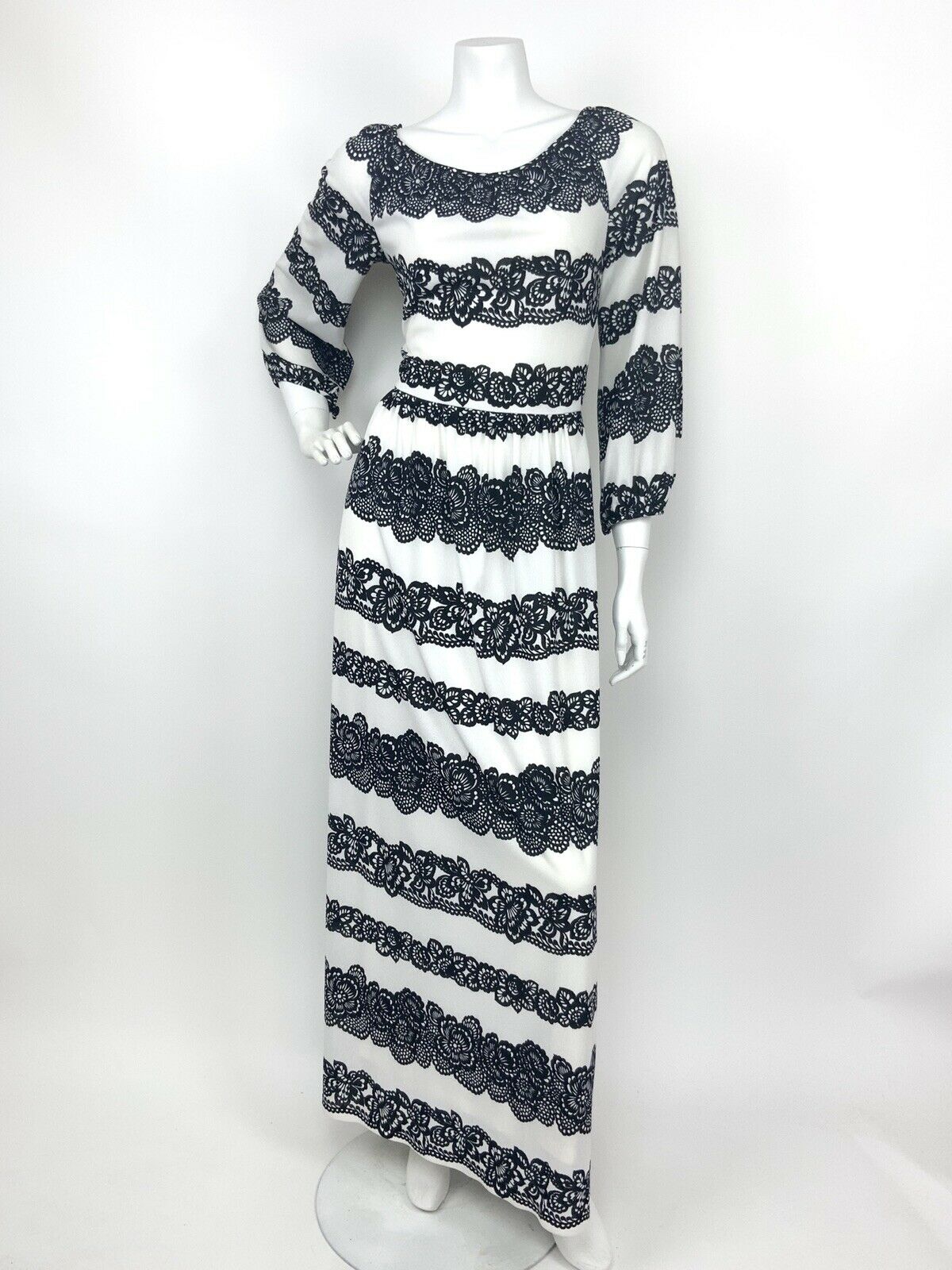 VINTAGE 70s WHITE BLACK STRIPED FLORAL LACE SUMMER MAXI DRESS 12