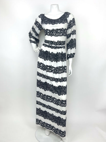 VINTAGE 70s WHITE BLACK STRIPED FLORAL LACE SUMMER MAXI DRESS 12