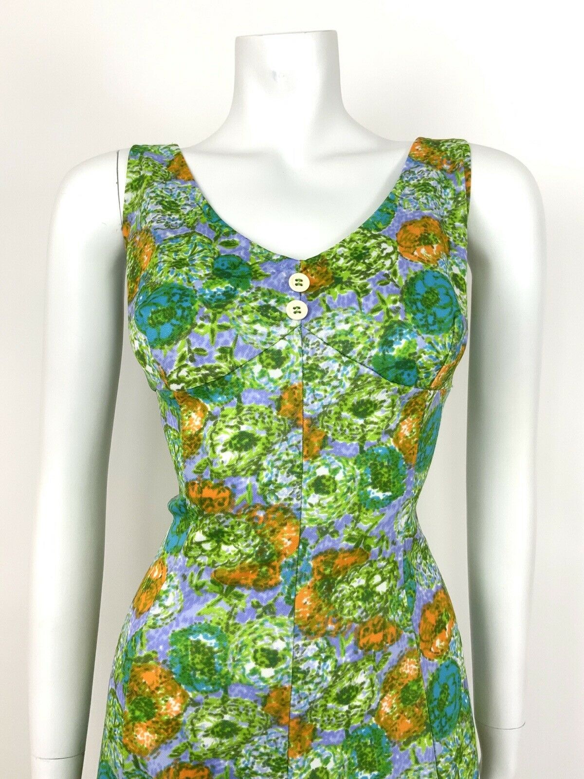 VTG 60s 70s GREEN EMPIRE LINE SUN DRESS BLUE PURPLE ORANGE FLORAL DITSY 12 14