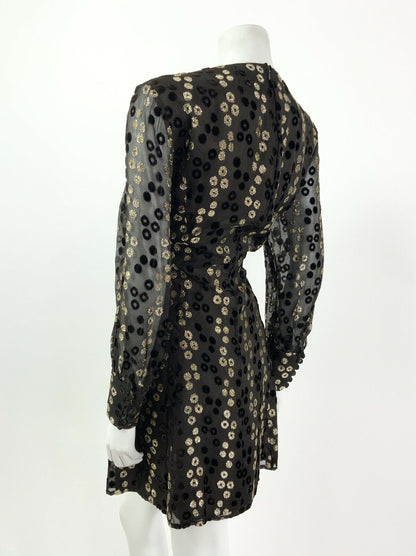 VINTAGE 60s 70s BROWN GOLD GLITTER VELVET POLKA DOT SHEER GLAM PARTY DRESS 14 16