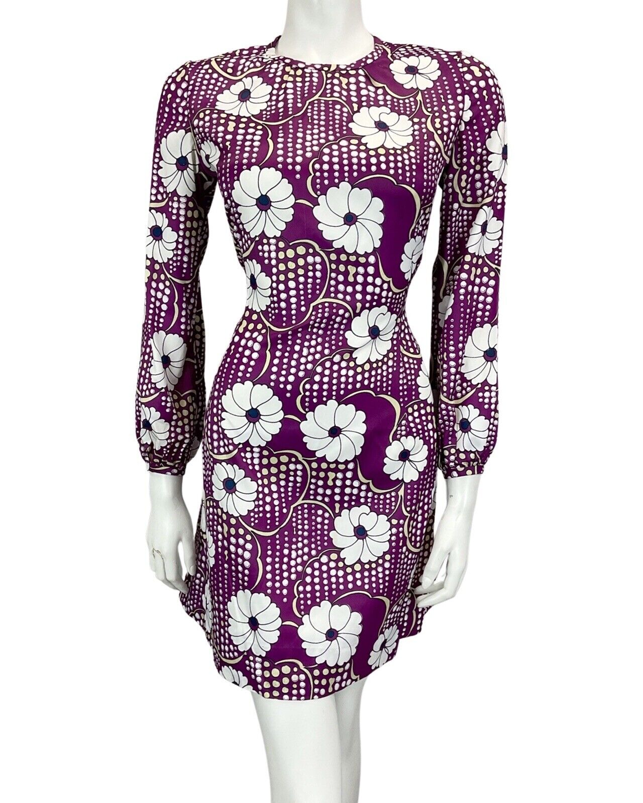 VINTAGE 60S 70S PURPLE WHITE FLORAL PRINT BOHO MOD MINI DRESS 10