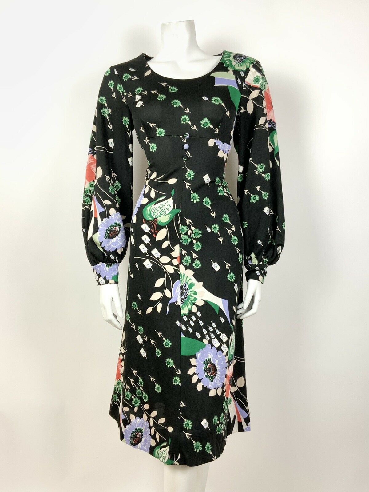 VINTAGE 60s 70s BLACK GREEN PURPLE PINK FLORAL PUFF SLEEVE DRESS 12 14