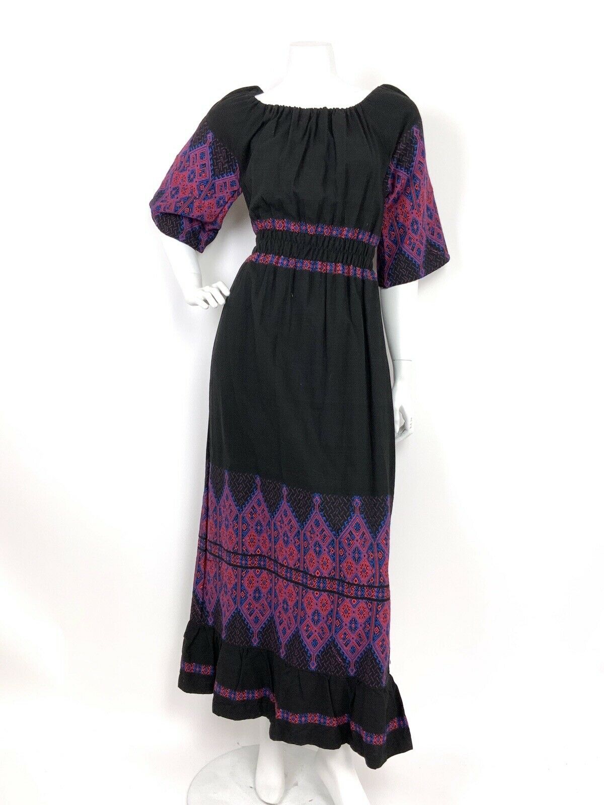 VTG 60s 70s ETHNIC FOLK BLACK BLUE RED EMBROIDERED RUCHED MAXI DRESS 10 12