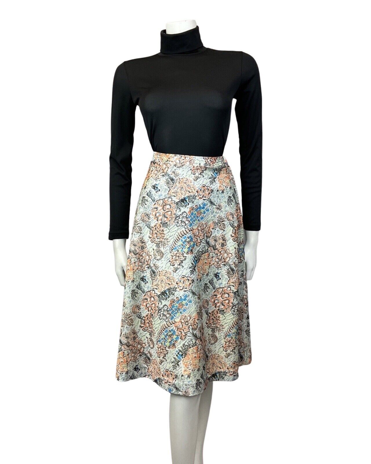 VINTAGE 60s 70s WHITE BLACK ORANGE PSYCHEDELIC FLORAL GEOMETRIC SWING SKIRT 8