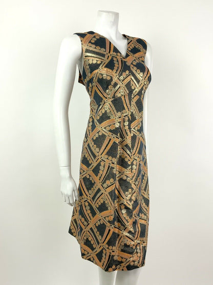 VTG 60s GREY ORANGE SILVER GOLD BLACK GLITTER GEOMETRIC FLORAL DRESS 14 16