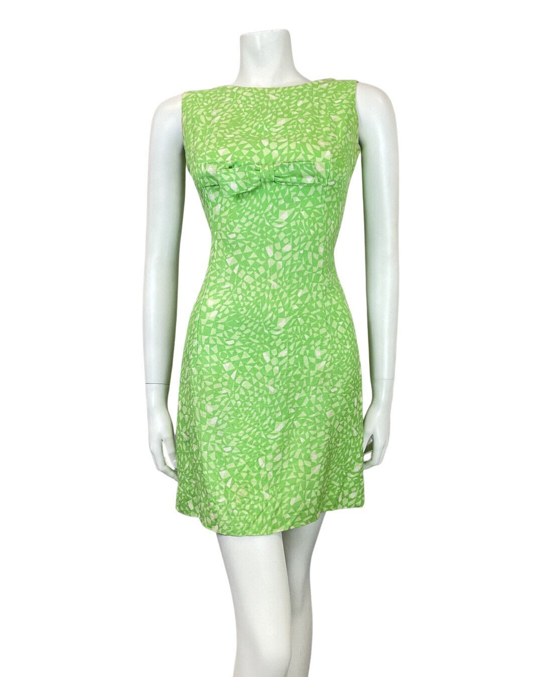 VINTAGE 60s 70s LIME GREEN WHITE GEOMETRIC PSYCHEDELIC MOD MINI SHIFT DRESS 6 8