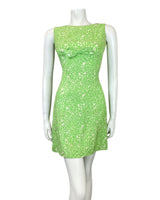 VINTAGE 60s 70s LIME GREEN WHITE GEOMETRIC PSYCHEDELIC MOD MINI SHIFT DRESS 6 8