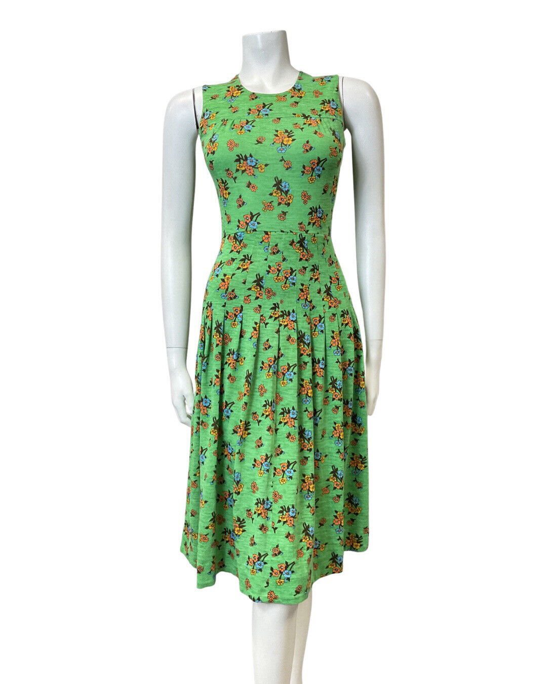 VINTAGE 60s 70s GREEN ORANGE BLUE FLORAL SLEEVELESS PLEATED SWING MIDI DRESS 8