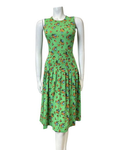 VINTAGE 60s 70s GREEN ORANGE BLUE FLORAL SLEEVELESS PLEATED SWING MIDI DRESS 8