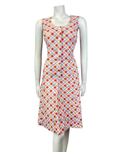 VINTAGE 60s 70s CREAM RED LILAC CHECKED FLORAL GEOMETRIC PIXEL MIDI DRESS 12 14