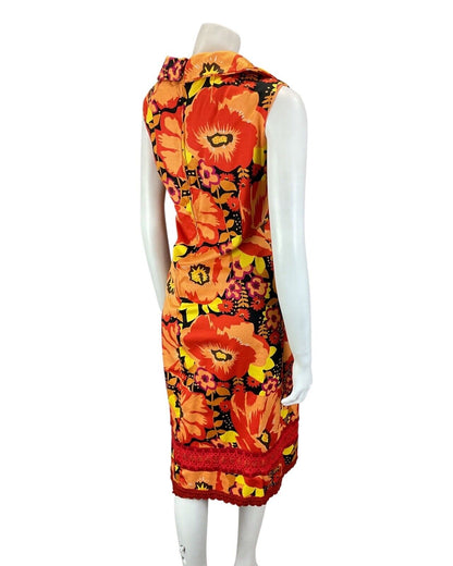 VTG 60s 70s ORANGE RED BLACK PSYCHEDELIC FLORAL CLOVER COLLAR MOD DRESS 12 14