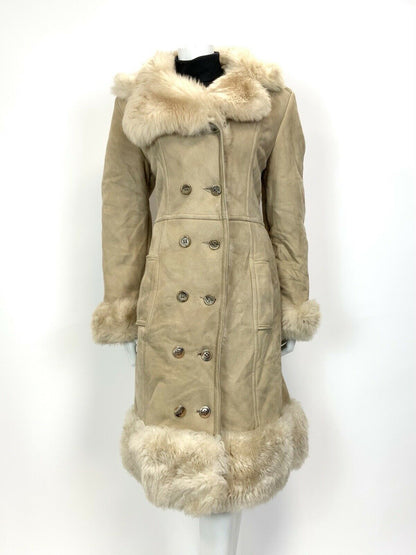 VINTAGE 60s 70s SAND BEIGE DOUBLE-BREASTED BOHO MOD SHEARLING PRINCESS COAT 14