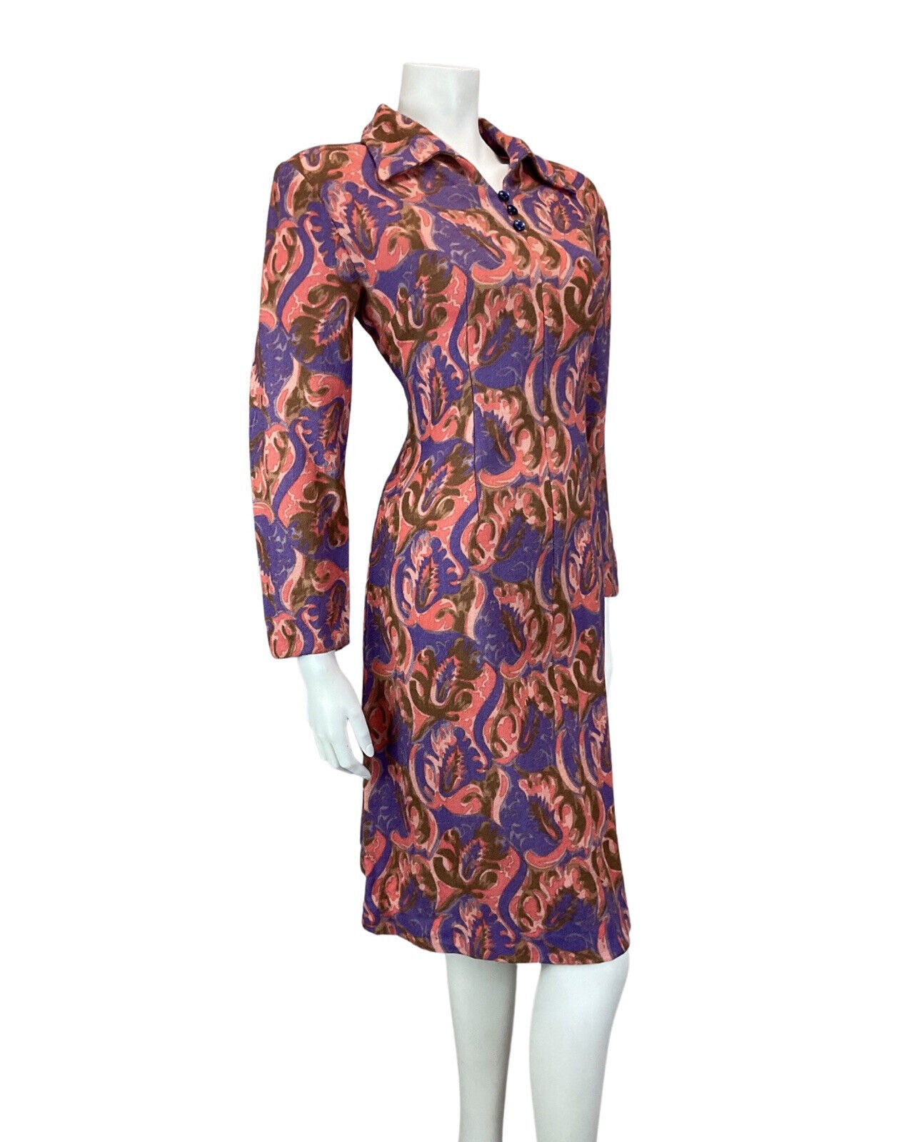 VINTAGE 60s 70s PURPLE PINK BROWN PSYCHEDELIC SWIRL MOD SHIRT DRESS 12 14