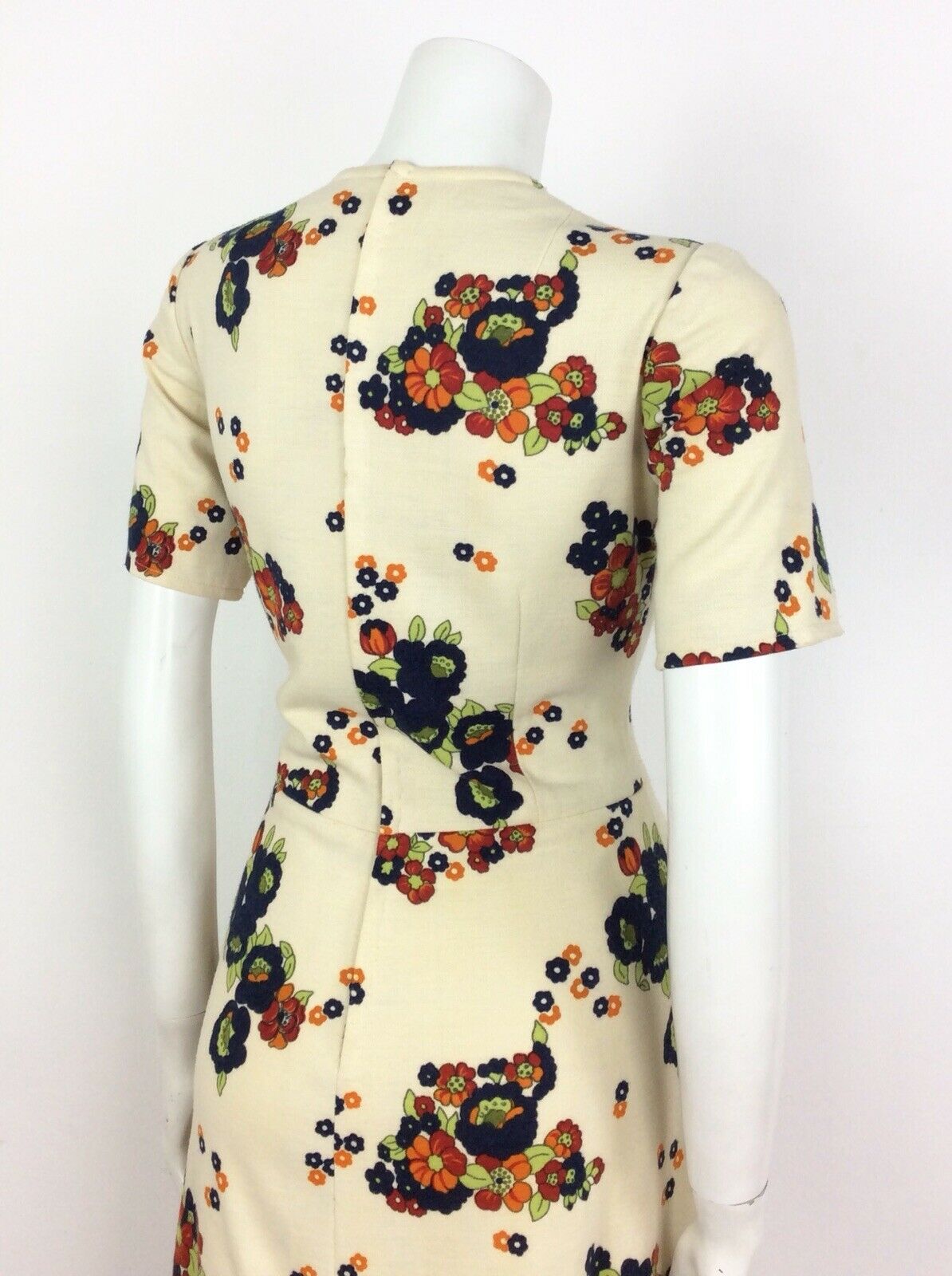 60S 70S VINTAGE CREAM NAVY BLUE FLORAL PSYCHEDELIC DRESS 12