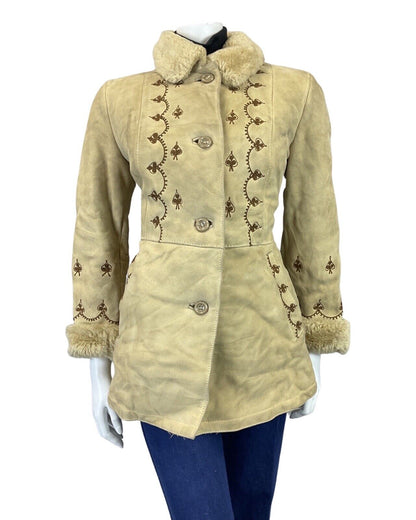 VINTAGE 60s 70s CREAM BROWN EMBROIDERED BOHO SUEDE SHORT SHEARLING COAT 8 10