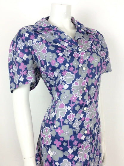 STUNNING VINTAGE 60S 70S PSYCHEDELIC BLUE PURPLE FLORAL TEA DRESS 16 18