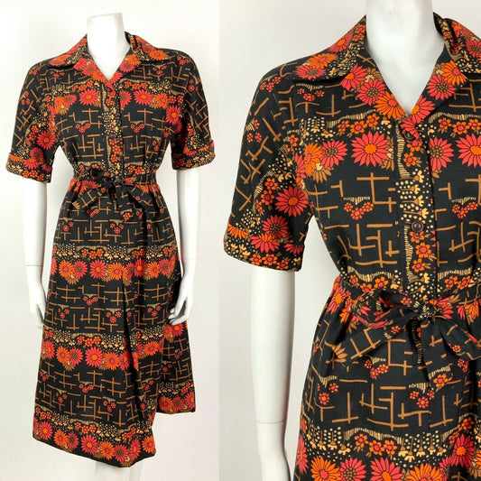 VINTAGE 60s 70s BLACK ORANGE RED BEIGE FLORAL DAISY BELTED SHIRT DRESS 12 14