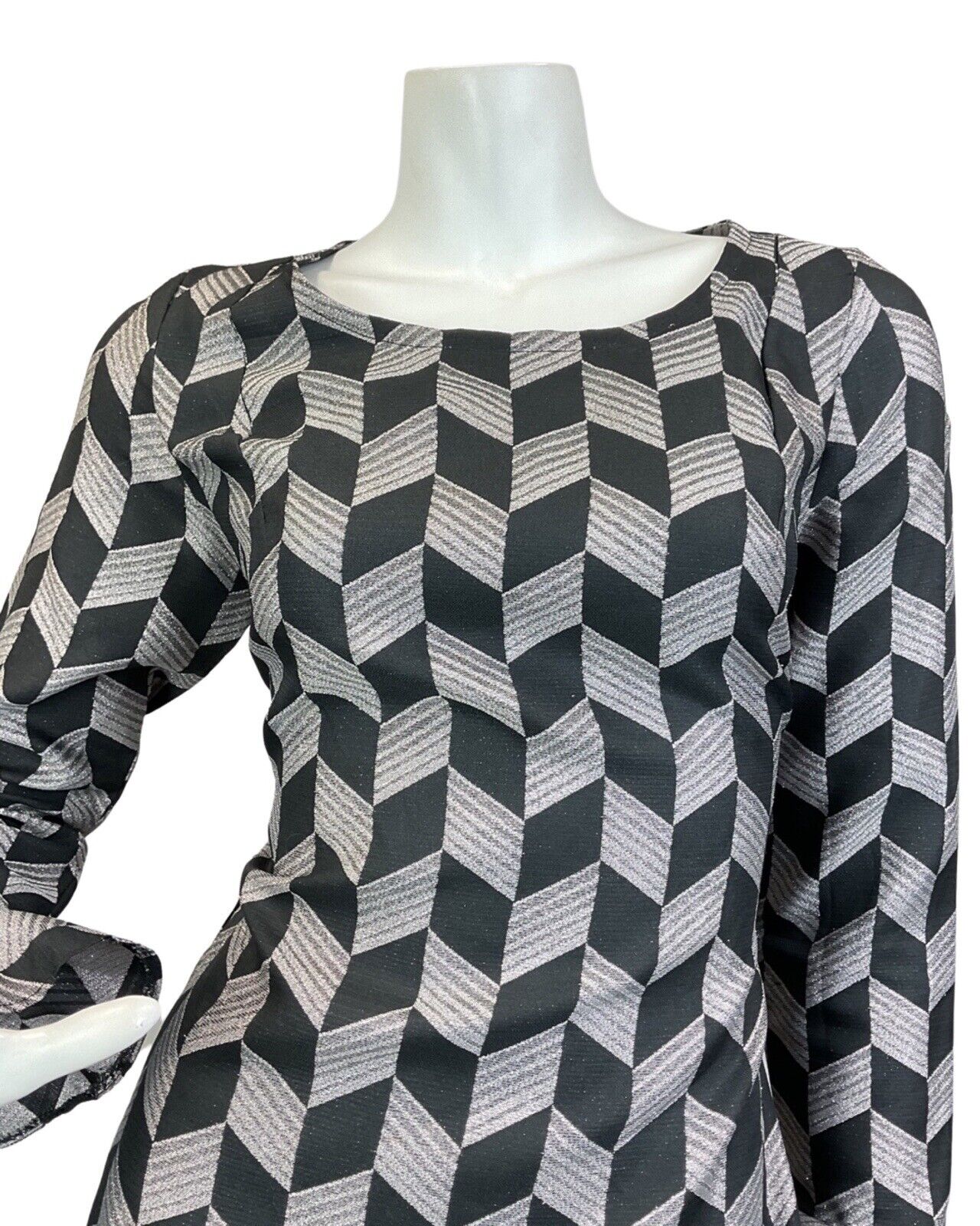 VINTAGE 60s 70s BLACK SILVER LUREX CHEVRON MOD DISCO STUDIO 54 MAXI DRESS 12