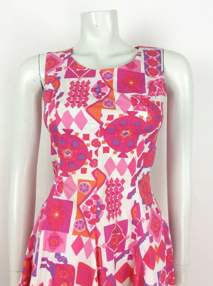 VINTAGE 60S 70S ABSTRACT GEOMETRIC DRESS PINK WHITE PURPLE ORANGE HORSES 6