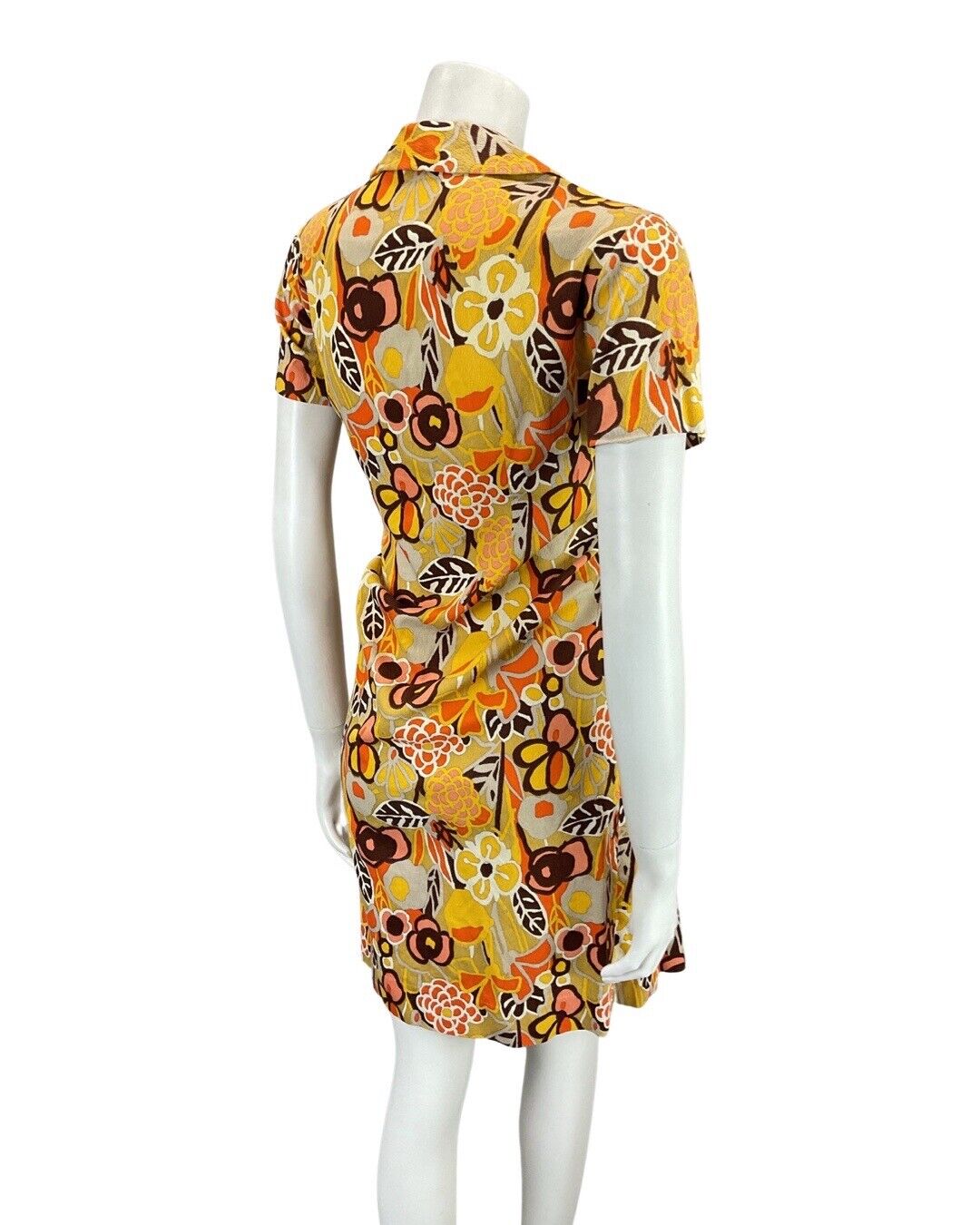 VINTAGE 60s 70s YELLOW BEIGE ORANGE FLORAL MOD PETER PAN SHIRT DRESS 12 14