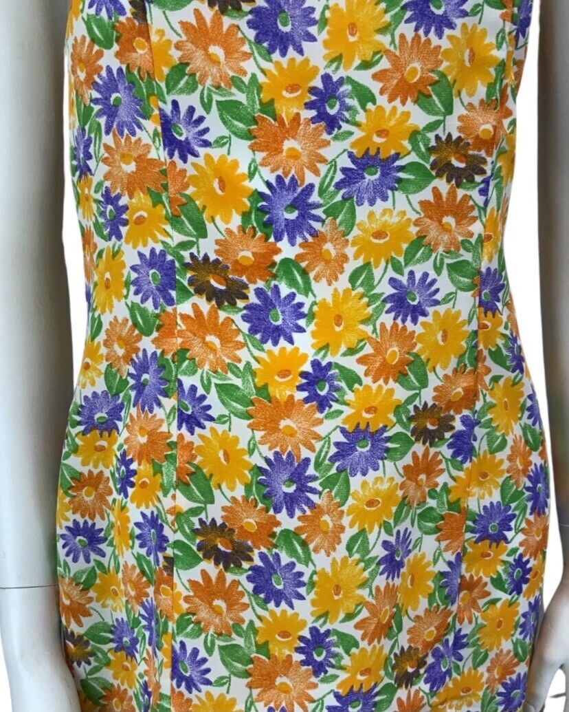 VINTAGE 60s 70s ORANGE YELLOW PURPLE GREEN FLORAL DAISY STRAPPY MIDI DRESS 12 14