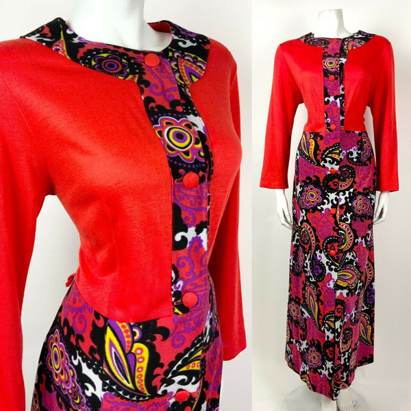 VTG 60s 70s RED BLACK PURPLE YELLOW PSYCHEDELIC FLORAL PAISLEY MAXI DRESS 16 18
