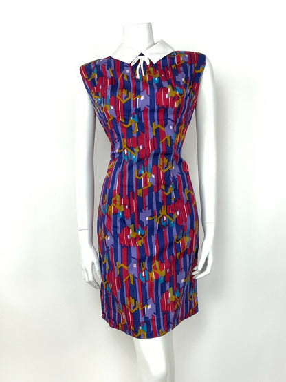 VINTAGE 60s 70s ABSTRACT SHIFT DRESS RED PURPLE BLUE GOLD WHITE COLLAR 14